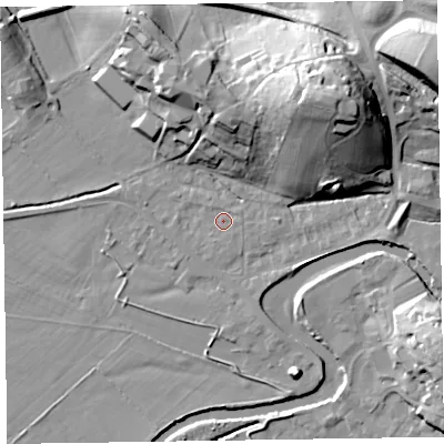 Shaded relief map of the ground around CA125PF, computed from Environment Agency LiDAR. The ground here sits at about 78 m above sea level and falls 28 m across the surrounding 800 m. Surface water reaching this point runs off ground lying to the east, 0.7 m higher.