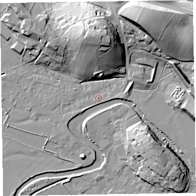 Shaded relief map of the ground around CA125PG, computed from Environment Agency LiDAR. The ground here sits at about 79 m above sea level and falls 28 m across the surrounding 800 m. Surface water reaching this point runs off ground lying to the east, 1.7 m higher.