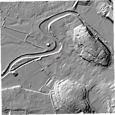 Shaded relief map of the ground around CA125PJ, computed from Environment Agency LiDAR. The ground here sits at about 79 m above sea level and falls 18 m across the surrounding 800 m. Surface water reaching this point runs off ground lying to the east-north-east, 15.7 m higher.