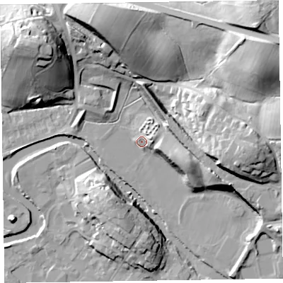 Shaded relief map of the ground around CA125PY, computed from Environment Agency LiDAR. The ground here sits at about 81 m above sea level and falls 34 m across the surrounding 800 m. Surface water reaching this point runs off ground lying to the east, 22.8 m higher.