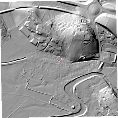 Shaded relief map of the ground around CA125QQ, computed from Environment Agency LiDAR. The ground here sits at about 78 m above sea level and falls 28 m across the surrounding 800 m. Surface water reaching this point runs off ground lying to the north-east, 26.1 m higher.