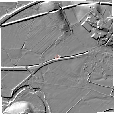 Shaded relief map of the ground around CA125RA, computed from Environment Agency LiDAR. The ground here sits at about 76 m above sea level and falls 19 m across the surrounding 800 m. Surface water reaching this point runs off ground lying to the east, 3.2 m higher.