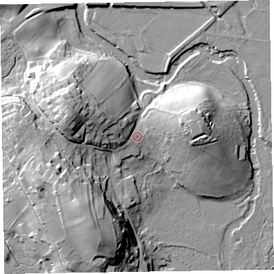 Shaded relief map of the ground around CA125RE, computed from Environment Agency LiDAR. The ground here sits at about 82 m above sea level and falls 30 m across the surrounding 800 m. Surface water reaching this point runs off ground lying to the west-north-west, 10.5 m higher.