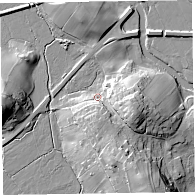 Shaded relief map of the ground around CA125RP, computed from Environment Agency LiDAR. The ground here sits at about 77 m above sea level and falls 30 m across the surrounding 800 m. Surface water reaching this point runs off ground lying to the east-south-east, 22.9 m higher.