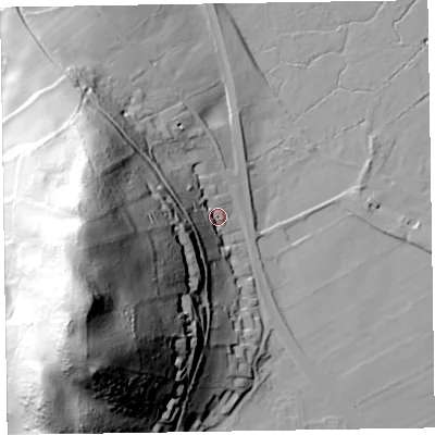 Shaded relief map of the ground around CA125RY, computed from Environment Agency LiDAR. The ground here sits at about 83 m above sea level and falls 101 m across the surrounding 800 m. Surface water reaching this point runs off ground lying to the west-south-west, 78.2 m higher.