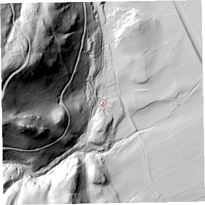 Shaded relief map of the ground around CA125SA, computed from Environment Agency LiDAR. The ground here sits at about 95 m above sea level and falls 238 m across the surrounding 800 m. Surface water reaching this point runs off ground lying to the west-south-west, 160.0 m higher.