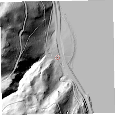 Shaded relief map of the ground around CA125SL, computed from Environment Agency LiDAR. The ground here sits at about 77 m above sea level and falls 207 m across the surrounding 800 m. Surface water reaching this point runs off ground lying to the west, 185.8 m higher.