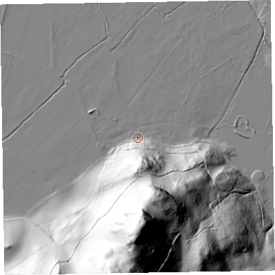Shaded relief map of the ground around CA125SP, computed from Environment Agency LiDAR. The ground here sits at about 78 m above sea level and falls 139 m across the surrounding 800 m. Surface water reaching this point runs off ground lying to the south, 135.6 m higher.