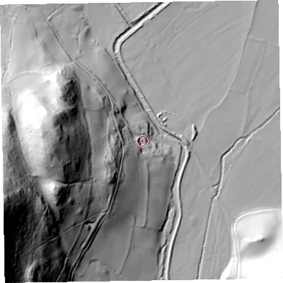 Shaded relief map of the ground around CA125SR, computed from Environment Agency LiDAR. The ground here sits at about 90 m above sea level and falls 125 m across the surrounding 800 m. Surface water reaching this point runs off ground lying to the west-south-west, 32.0 m higher.