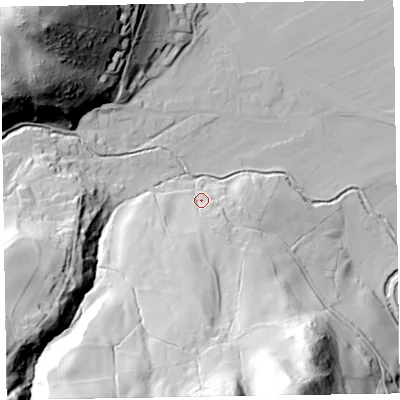Shaded relief map of the ground around CA125ST, computed from Environment Agency LiDAR. The ground here sits at about 90 m above sea level and falls 91 m across the surrounding 800 m. Surface water reaching this point runs off ground lying to the south-south-east, 69.7 m higher.
