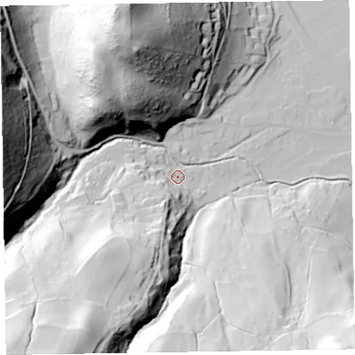 Shaded relief map of the ground around CA125SX, computed from Environment Agency LiDAR. The ground here sits at about 89 m above sea level and falls 100 m across the surrounding 800 m. Surface water reaching this point runs off ground lying to the south-west, 46.9 m higher.