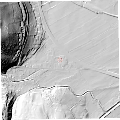 Shaded relief map of the ground around CA125TB, computed from Environment Agency LiDAR. The ground here sits at about 82 m above sea level and falls 84 m across the surrounding 800 m. Surface water reaching this point runs off ground lying to the west-south-west, 2.2 m higher.