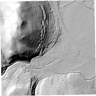 Shaded relief map of the ground around CA125TD, computed from Environment Agency LiDAR. The ground here sits at about 86 m above sea level and falls 97 m across the surrounding 800 m. Surface water reaching this point runs off ground lying to the west-north-west, 83.7 m higher.