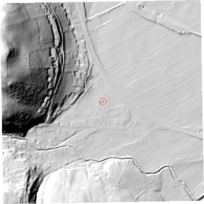 Shaded relief map of the ground around CA125TE, computed from Environment Agency LiDAR. The ground here sits at about 82 m above sea level and falls 98 m across the surrounding 800 m. Surface water reaching this point runs off ground lying to the south-south-west, 1.9 m higher.