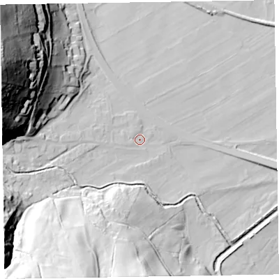 Shaded relief map of the ground around CA125TF, computed from Environment Agency LiDAR. The ground here sits at about 81 m above sea level and falls 73 m across the surrounding 800 m. Surface water reaching this point runs off ground lying to the west, 2.0 m higher.