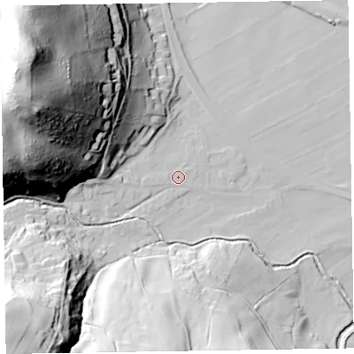 Shaded relief map of the ground around CA125TG, computed from Environment Agency LiDAR. The ground here sits at about 84 m above sea level and falls 97 m across the surrounding 800 m. Surface water reaching this point runs off ground lying to the west-north-west, 72.1 m higher.