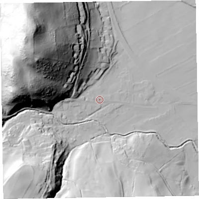 Shaded relief map of the ground around CA125TH, computed from Environment Agency LiDAR. The ground here sits at about 85 m above sea level and falls 96 m across the surrounding 800 m. Surface water reaching this point runs off ground lying to the west-north-west, 60.0 m higher.