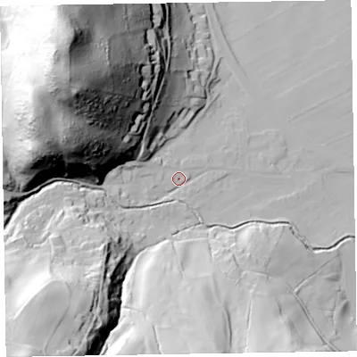 Shaded relief map of the ground around CA125TJ, computed from Environment Agency LiDAR. The ground here sits at about 86 m above sea level and falls 96 m across the surrounding 800 m. Surface water reaching this point runs off ground lying to the west-north-west, 71.9 m higher.