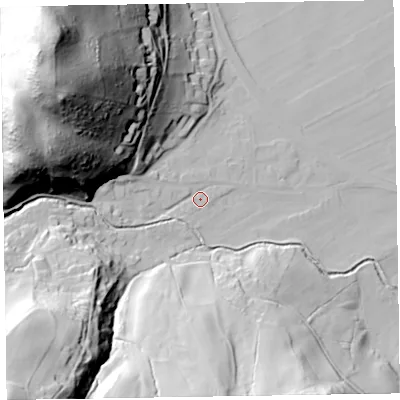 Shaded relief map of the ground around CA125TQ, computed from Environment Agency LiDAR. The ground here sits at about 85 m above sea level and falls 96 m across the surrounding 800 m. Surface water reaching this point runs off ground lying to the west-north-west, 72.3 m higher.