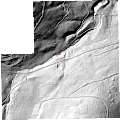 Shaded relief map of the ground around CA125TW, computed from Environment Agency LiDAR. The ground here sits at about 286 m above sea level and falls 181 m across the surrounding 800 m. Surface water reaching this point runs off ground lying to the south, 33.5 m higher.