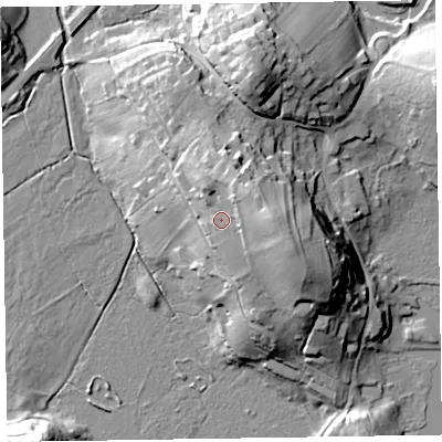 Shaded relief map of the ground around CA125TX, computed from Environment Agency LiDAR. The ground here sits at about 92 m above sea level and falls 29 m across the surrounding 800 m. Surface water reaching this point runs off ground lying to the north-east, 8.8 m higher.