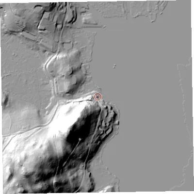 Shaded relief map of the ground around CA125TY, computed from Environment Agency LiDAR. The ground here sits at about 78 m above sea level and falls 50 m across the surrounding 800 m. Surface water reaching this point runs off ground lying to the south-west, 48.8 m higher.