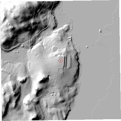 Shaded relief map of the ground around CA125TZ, computed from Environment Agency LiDAR. The ground here sits at about 94 m above sea level and falls 48 m across the surrounding 800 m. The ground contributing surface water to this point lies to the north.