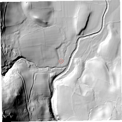Shaded relief map of the ground around CA125UF, computed from Environment Agency LiDAR. The ground here sits at about 96 m above sea level and falls 187 m across the surrounding 800 m. Surface water reaching this point runs off ground lying to the west, 16.4 m higher.