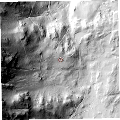 Shaded relief map of the ground around CA125UG, computed from Environment Agency LiDAR. The ground here sits at about 136 m above sea level and falls 277 m across the surrounding 800 m. Surface water reaching this point runs off ground lying to the west-north-west, 25.3 m higher.