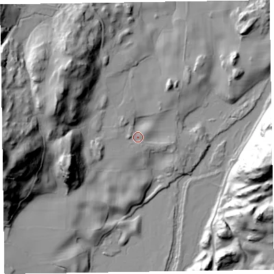 Shaded relief map of the ground around CA125UQ, computed from Environment Agency LiDAR. The ground here sits at about 83 m above sea level and falls 77 m across the surrounding 800 m. Surface water reaching this point runs off ground lying to the west-south-west, 8.1 m higher.