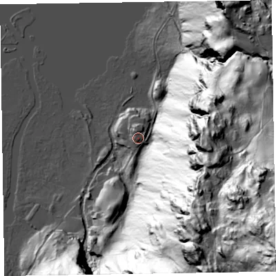 Shaded relief map of the ground around CA125UU, computed from Environment Agency LiDAR. The ground here sits at about 85 m above sea level and falls 226 m across the surrounding 800 m. Surface water reaching this point runs off ground lying to the south-east, 206.7 m higher.