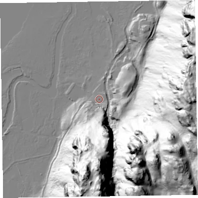 Shaded relief map of the ground around CA125UX, computed from Environment Agency LiDAR. The ground here sits at about 79 m above sea level and falls 174 m across the surrounding 800 m. Surface water reaching this point runs off ground lying to the south, 52.0 m higher.