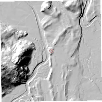 Shaded relief map of the ground around CA125XE, computed from Environment Agency LiDAR. The ground here sits at about 99 m above sea level and falls 87 m across the surrounding 800 m. Surface water reaching this point runs off ground lying to the south, 3.3 m higher.