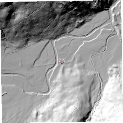 Shaded relief map of the ground around CA125XH, computed from Environment Agency LiDAR. The ground here sits at about 103 m above sea level and falls 103 m across the surrounding 800 m. Surface water reaching this point runs off ground lying to the south, 55.6 m higher.