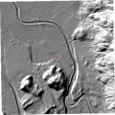 Shaded relief map of the ground around CA125XL, computed from Environment Agency LiDAR. The ground here sits at about 88 m above sea level and falls 85 m across the surrounding 800 m. Surface water reaching this point runs off ground lying to the south, 26.9 m higher.