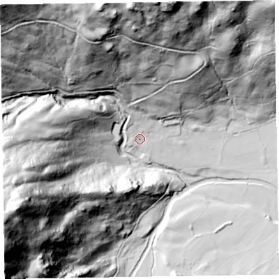 Shaded relief map of the ground around CA125XN, computed from Environment Agency LiDAR. The ground here sits at about 121 m above sea level and falls 165 m across the surrounding 800 m. Surface water reaching this point runs off ground lying to the north-north-west, 9.5 m higher.