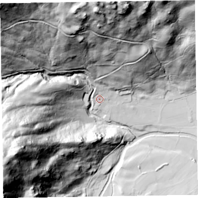 Shaded relief map of the ground around CA125XP, computed from Environment Agency LiDAR. The ground here sits at about 123 m above sea level and falls 168 m across the surrounding 800 m. Surface water reaching this point runs off ground lying to the north-west, 6.1 m higher.