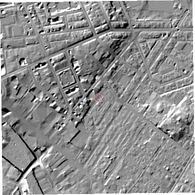 Shaded relief map of the ground around CA12AB, computed from Environment Agency LiDAR. The ground here sits at about 18 m above sea level and falls 10 m across the surrounding 800 m. Surface water reaching this point runs off ground lying to the west-south-west, 2.7 m higher.