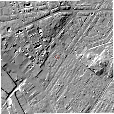 Shaded relief map of the ground around CA12AD, computed from Environment Agency LiDAR. The ground here sits at about 18 m above sea level and falls 9 m across the surrounding 800 m. Surface water reaching this point runs off ground lying to the west-south-west, 2.4 m higher.