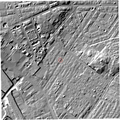 Shaded relief map of the ground around CA12AF, computed from Environment Agency LiDAR. The ground here sits at about 18 m above sea level and falls 9 m across the surrounding 800 m. Surface water reaching this point runs off ground lying to the west-north-west, 5.9 m higher.