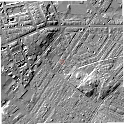 Shaded relief map of the ground around CA12AG, computed from Environment Agency LiDAR. The ground here sits at about 17 m above sea level and falls 9 m across the surrounding 800 m. Surface water reaching this point runs off ground lying to the west, 6.0 m higher.