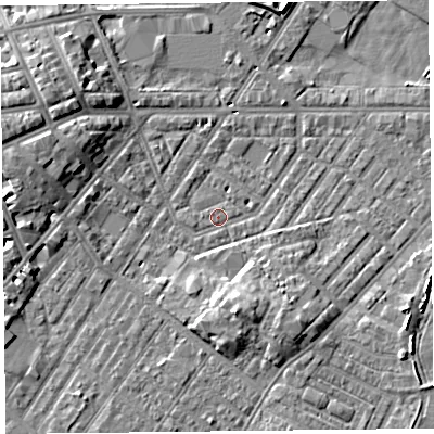Shaded relief map of the ground around CA12AJ, computed from Environment Agency LiDAR. The ground here sits at about 16 m above sea level and falls 9 m across the surrounding 800 m. Surface water reaching this point runs off ground lying to the south, 5.6 m higher.