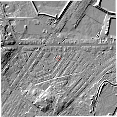 Shaded relief map of the ground around CA12AN, computed from Environment Agency LiDAR. The ground here sits at about 15 m above sea level and falls 9 m across the surrounding 800 m. Surface water reaching this point runs off ground lying to the south-south-west, 6.7 m higher.
