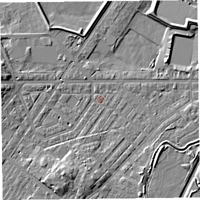 Shaded relief map of the ground around CA12AP, computed from Environment Agency LiDAR. The ground here sits at about 15 m above sea level and falls 10 m across the surrounding 800 m. Surface water reaching this point runs off ground lying to the south-south-west, 6.7 m higher.