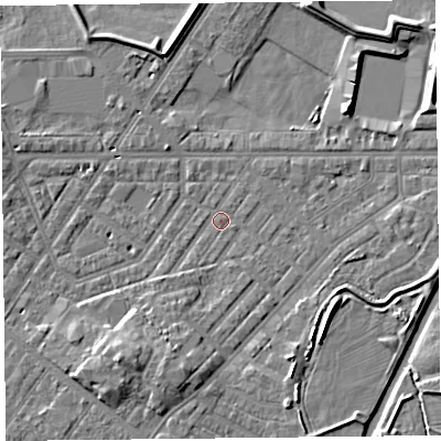 Shaded relief map of the ground around CA12AR, computed from Environment Agency LiDAR. The ground here sits at about 15 m above sea level and falls 8 m across the surrounding 800 m. Surface water reaching this point runs off ground lying to the south-west, 1.8 m higher.