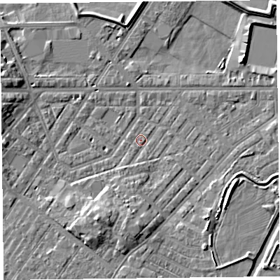 Shaded relief map of the ground around CA12AS, computed from Environment Agency LiDAR. The ground here sits at about 15 m above sea level and falls 8 m across the surrounding 800 m. Surface water reaching this point runs off ground lying to the south-south-west, 5.9 m higher.