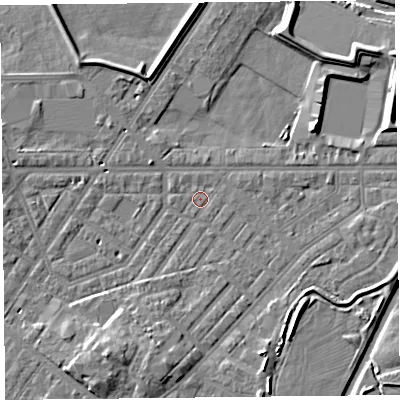 Shaded relief map of the ground around CA12AT, computed from Environment Agency LiDAR. The ground here sits at about 15 m above sea level and falls 10 m across the surrounding 800 m. Surface water reaching this point runs off ground lying to the south-south-west, 6.8 m higher.