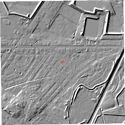 Shaded relief map of the ground around CA12AU, computed from Environment Agency LiDAR. The ground here sits at about 15 m above sea level and falls 9 m across the surrounding 800 m. Surface water reaching this point runs off ground lying to the south-south-west, 5.7 m higher.