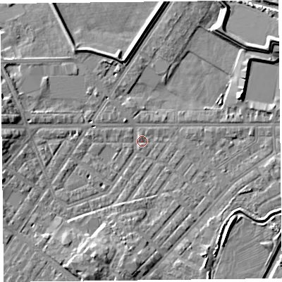 Shaded relief map of the ground around CA12AW, computed from Environment Agency LiDAR. The ground here sits at about 15 m above sea level and falls 10 m across the surrounding 800 m. Surface water reaching this point runs off ground lying to the south-south-west, 6.4 m higher.