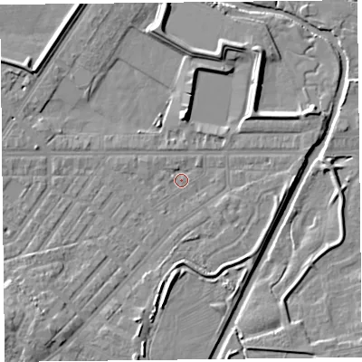 Shaded relief map of the ground around CA12AX, computed from Environment Agency LiDAR. The ground here sits at about 15 m above sea level and falls 9 m across the surrounding 800 m. Surface water reaching this point runs off ground lying to the south-west, 5.3 m higher.